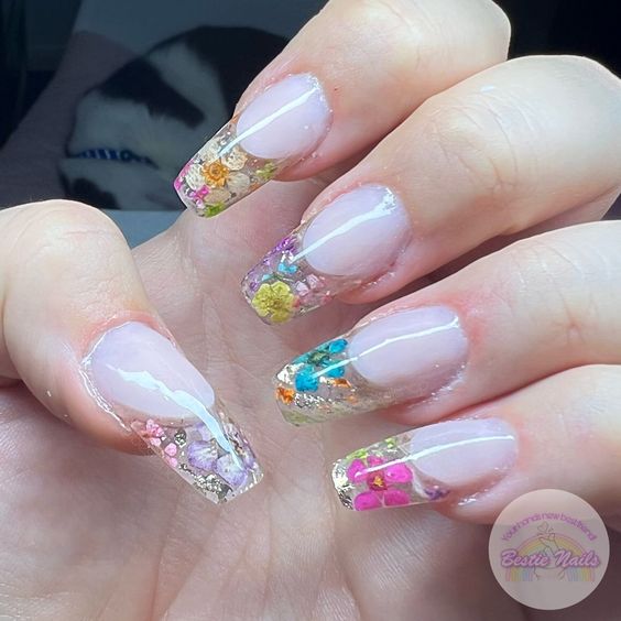 French Tip with Encapsulated Flowers